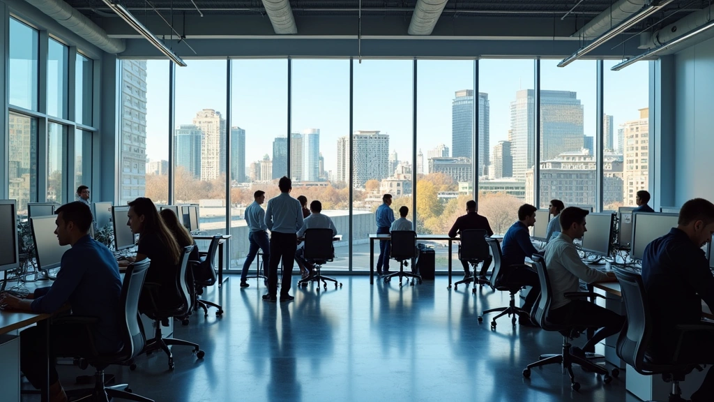 Modern office building with glass facade and Calgary skyline visible through windows, professional tech workers collaborating at standing desks, natural lighting emphasizing technology and innovation atmosphere