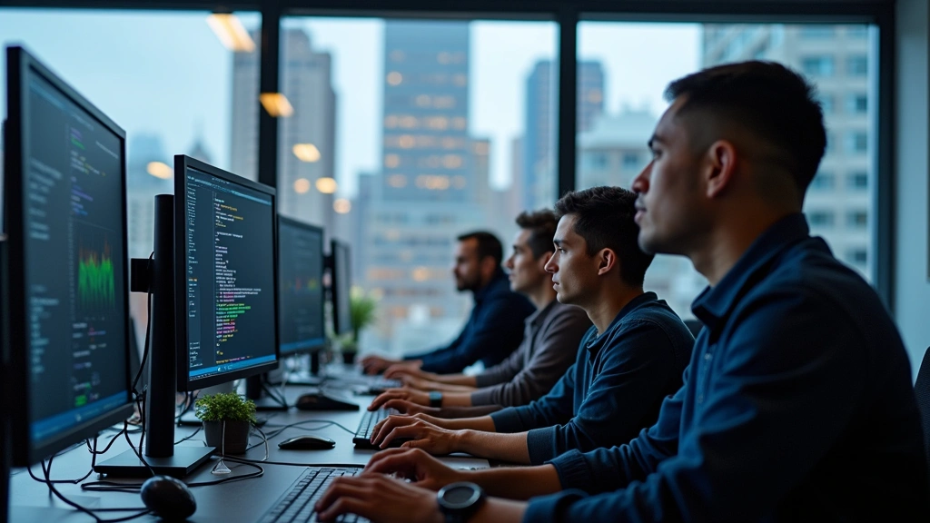 Close-up of diverse software engineers working at workstations with multiple monitors displaying code and data visualizations, Calgary downtown visible through office windows in background, collaborative tech environment