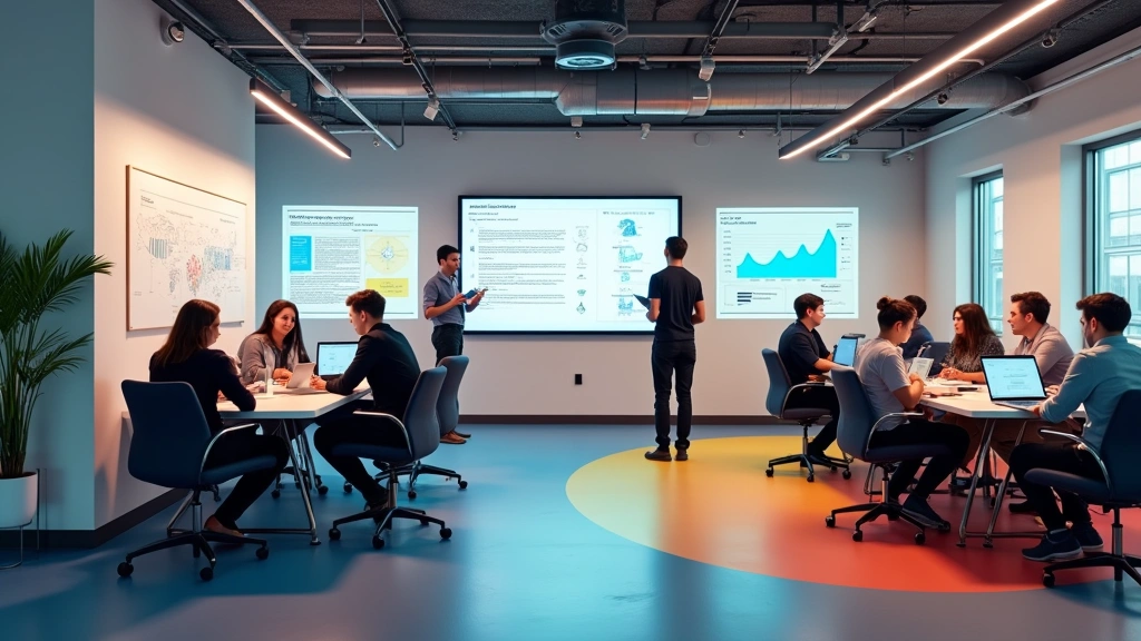 Tech startup office space with open floor plan, colorful collaborative zones, employees in casual business attire working on laptops and tablets, whiteboards with technical diagrams, representing modern tech culture and innovation