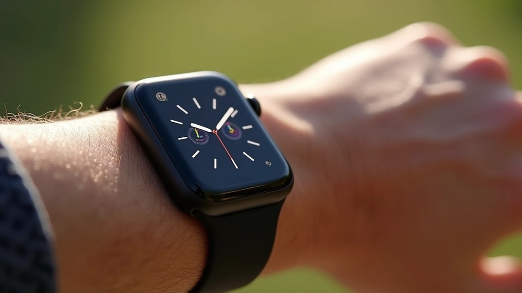 Apple Watch Series 9 in space black aluminum showing bright always-on retina display with watch face clearly visible in sunlight, wrist-worn perspective, photorealistic product photography