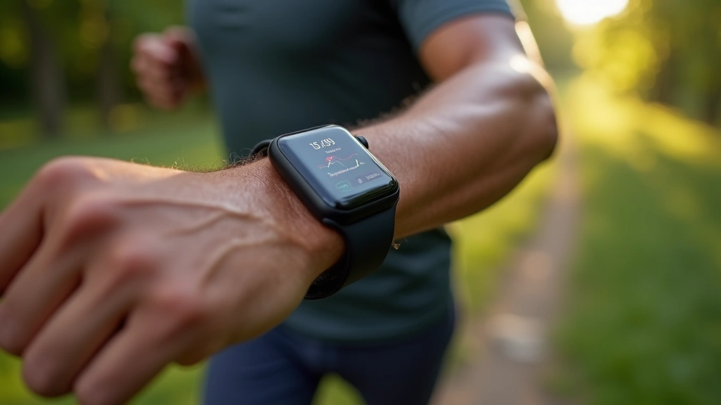 Person wearing Apple Watch 9 during outdoor running workout, sweat visible on wrist, fitness metrics displayed on screen, natural daylight environment, action shot perspective