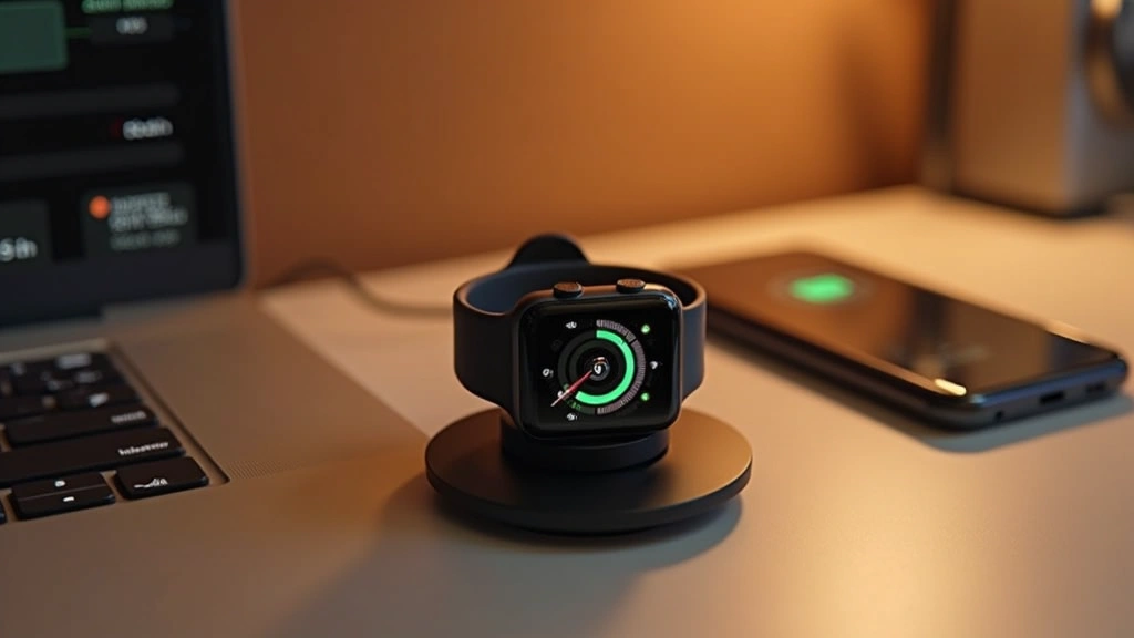 Apple Watch Series 9 charging on magnetic puck with iPhone nearby showing health app data synchronization, minimalist tech setup photography, warm lighting, focus on watch display