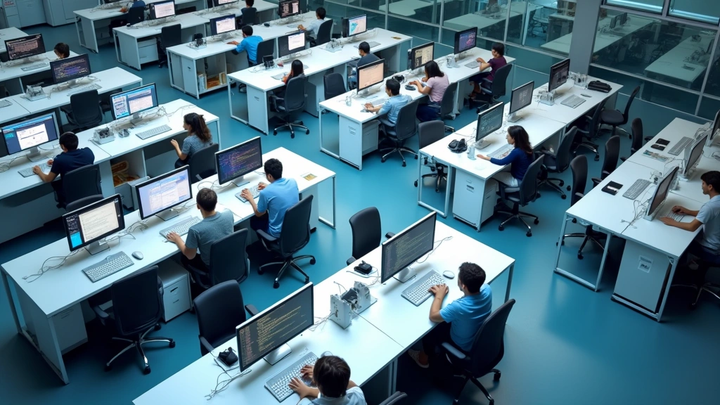 Overhead view of a modern computer science laboratory with multiple workstations, large displays, and collaborative tables, students working on coding projects, professional lighting, clean minimalist design, no text visible