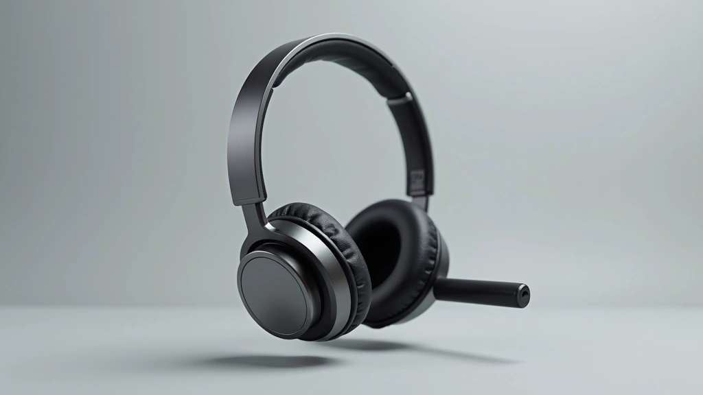 Professional noise-canceling wireless headset with metallic finish, positioned on neutral gray background, showing ear cups and microphone boom detail, product photography style