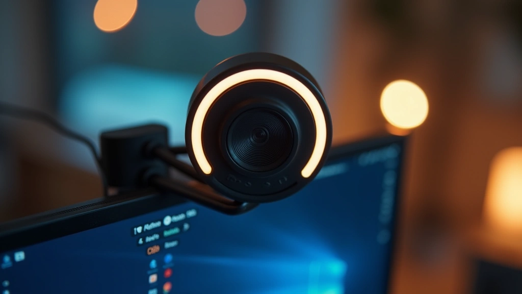 Modern video conferencing camera mounted on monitor with LED ring light, capturing crisp 4K lens detail, professional desktop setup lighting, shallow depth of field