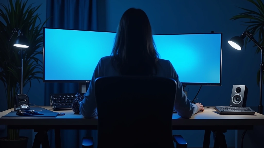 Home office setup at night with dual monitors, blue light filtering, ergonomic chair, professional tech support workspace with professional lighting and modern desk equipment, realistic photographic style