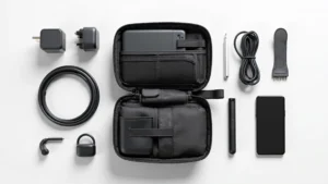 Professional flat-lay photography of a charcoal ballistic nylon tech organizer pouch displaying multiple internal compartments with elastic straps, mesh pockets, and cable management system, surrounded by various electronics like USB-C cables, power adapters, wireless earbuds, and a smartphone on white background