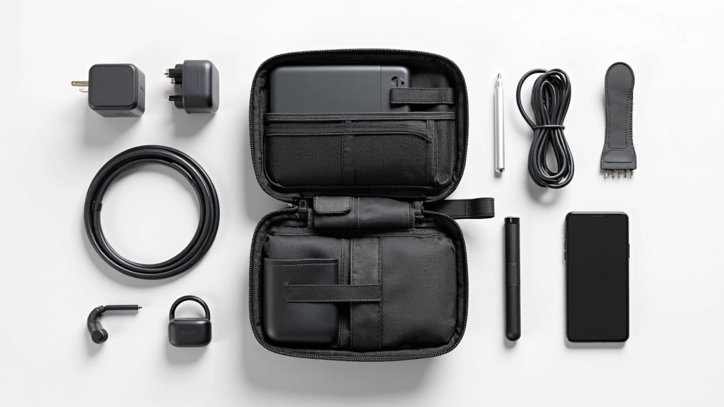 Professional flat-lay photography of a charcoal ballistic nylon tech organizer pouch displaying multiple internal compartments with elastic straps, mesh pockets, and cable management system, surrounded by various electronics like USB-C cables, power adapters, wireless earbuds, and a smartphone on white background