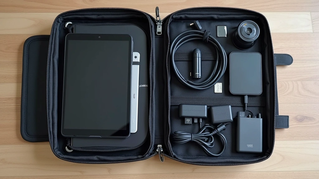 Overhead view of a tech organizer packed with various gadgets including a tablet, cables, portable charger, and accessories, demonstrating efficient space utilization and compartmentalization, with organized cable management visible