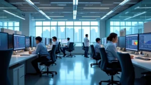 Modern university technology research laboratory with advanced computing equipment, multiple monitors displaying data analytics, and researchers collaborating at workstations in a bright, contemporary facility