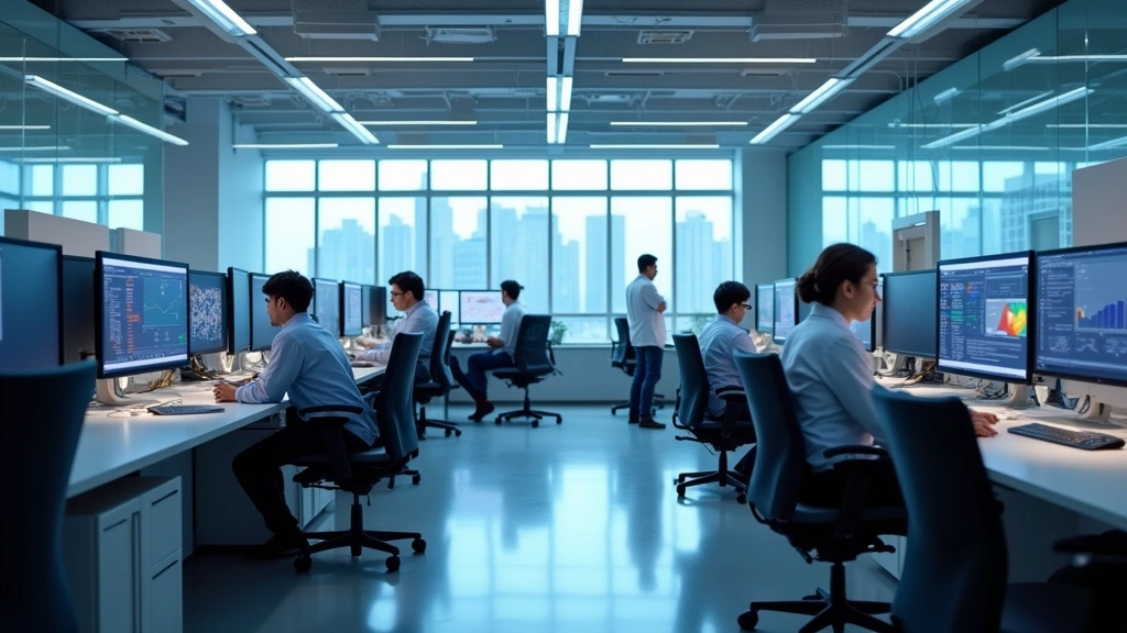 Modern university technology research laboratory with advanced computing equipment, multiple monitors displaying data analytics, and researchers collaborating at workstations in a bright, contemporary facility