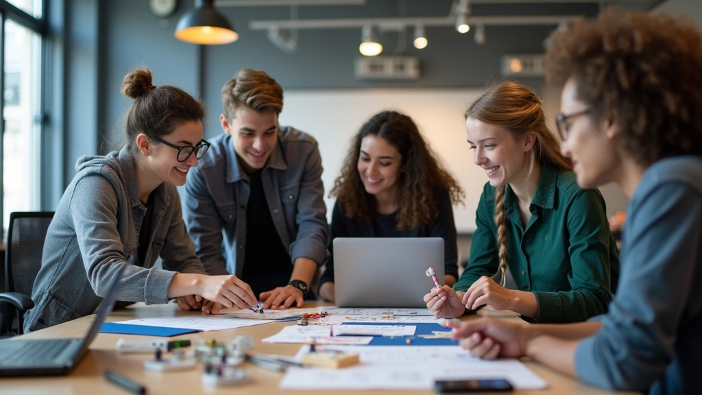 Diverse group of engineering students working together at collaborative workspace with laptops, whiteboards, and technical equipment, demonstrating hands-on learning and innovation in action