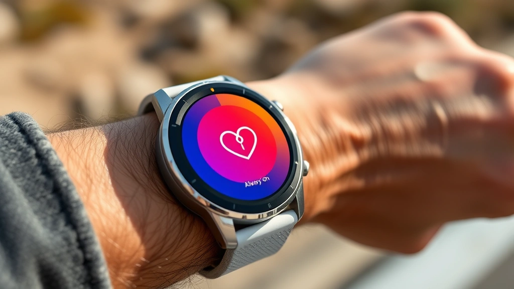 Close-up of premium smartwatch on wrist showing colorful always-on display with heart rate widget, outdoor natural lighting, athletic lifestyle aesthetic