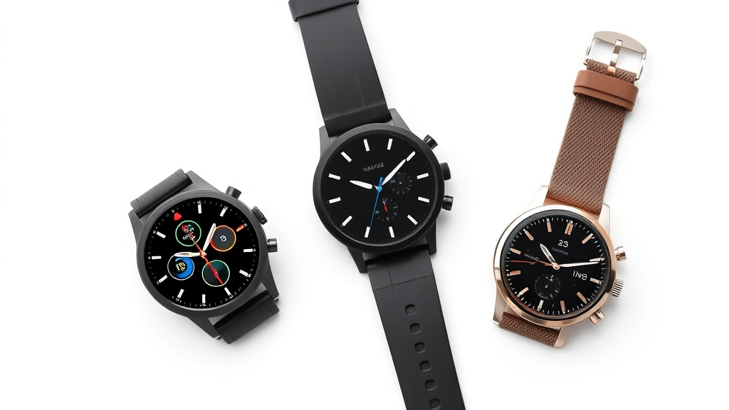 Flat lay composition of three different smartwatch models with varying sizes and styles arranged on minimalist white surface, emphasizing design diversity