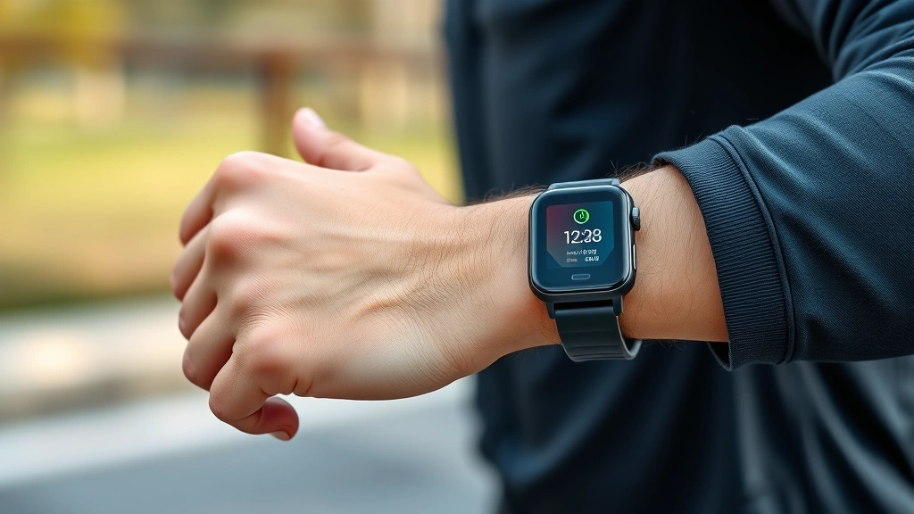Fitness enthusiast wearing smartwatch during outdoor running session, showing wrist-raised position with visible metrics display, dynamic motion blur background
