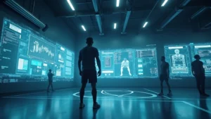 Professional football player in modern training facility with holographic performance metrics and biomechanical analysis displays, wearing advanced wearable technology sensors, high-tech athletic gear