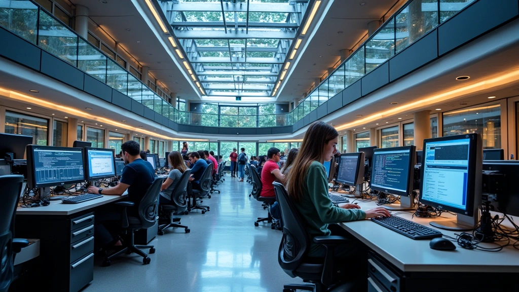 Georgia Tech campus with modern engineering building featuring cutting-edge technology infrastructure, students working with advanced computer systems and research equipment, innovation center environment