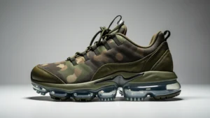 Professional product photography of camo-patterned athletic sneaker with visible air cushioning unit, neutral studio lighting, detailed sole pattern visible, tactical aesthetic design
