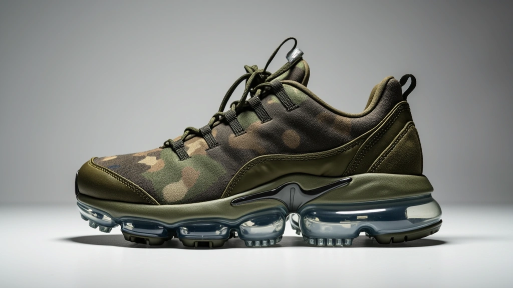 Professional product photography of camo-patterned athletic sneaker with visible air cushioning unit, neutral studio lighting, detailed sole pattern visible, tactical aesthetic design