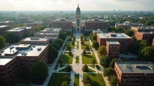 Aerial view of Georgia Tech campus showing multiple academic buildings, tree-lined pathways, and the iconic Campanile tower in daylight