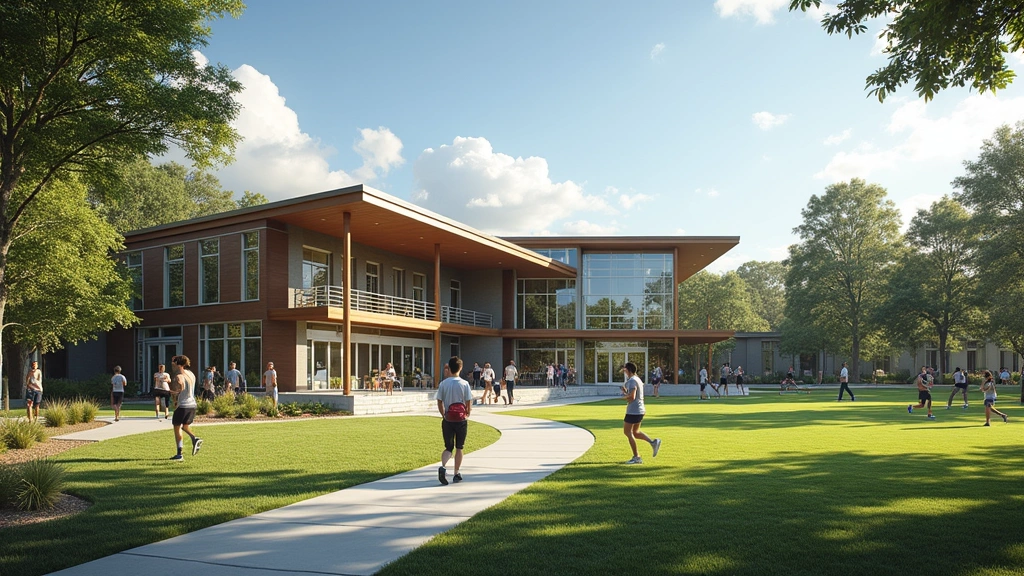 University campus recreational facilities including fitness center entrance, outdoor athletic fields, and green spaces with students exercising