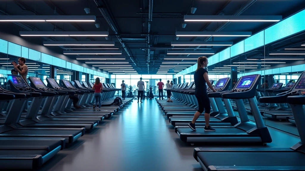 Modern high-tech fitness facility interior with rows of connected cardio machines featuring LED screens and sleek metallic frames, bright LED lighting overhead, polished gym floor, people exercising with sophisticated equipment