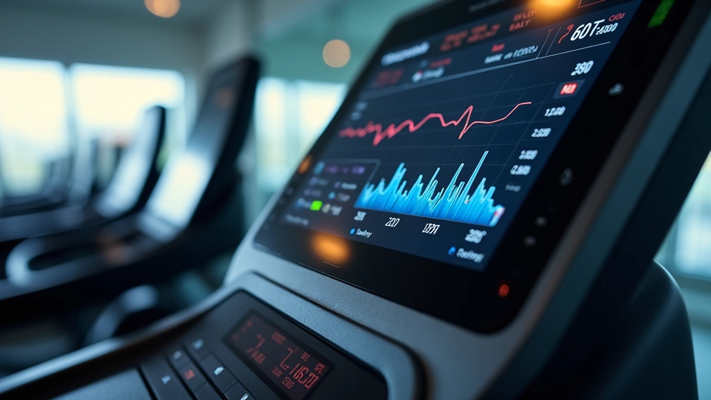 Advanced gym equipment control panel close-up showing digital touchscreen display with fitness metrics, heart rate graphs, and performance data visualization on bright LCD screen