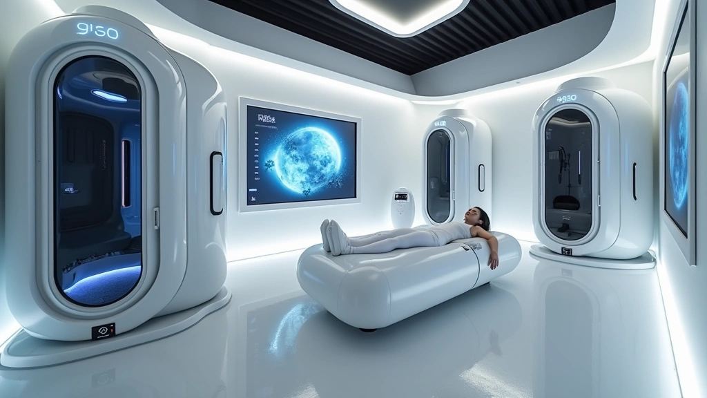 Futuristic gym recovery zone with cryotherapy chamber, infrared sauna pod, and massage device in minimalist white and black aesthetic, modern wellness technology setup with digital displays
