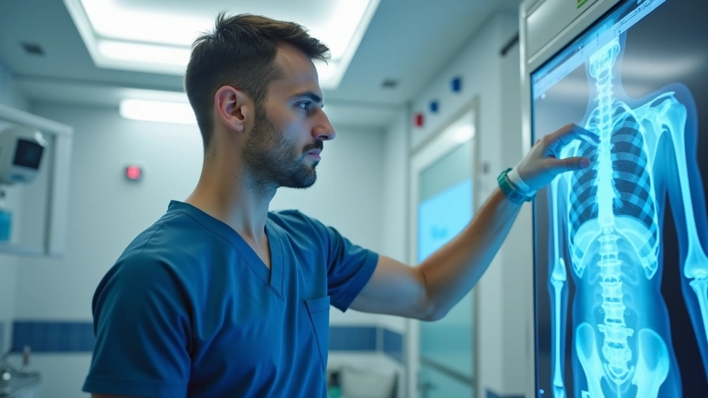 Professional X-ray technician wearing premium athletic wear in modern hospital imaging department, natural lighting from clinical windows, focused expression during work