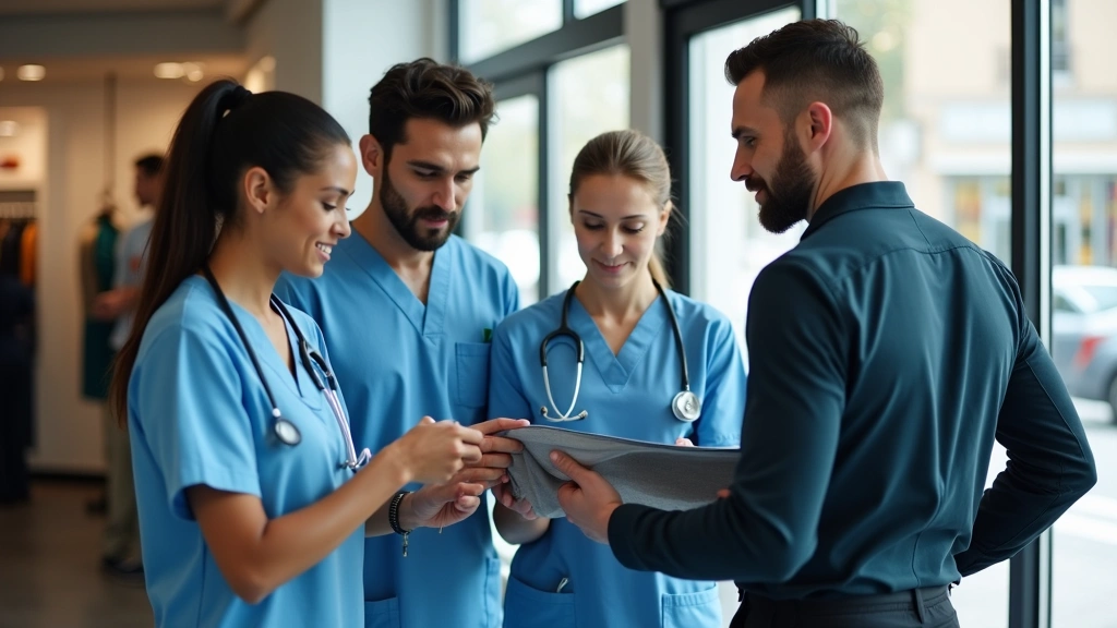 Diverse group of healthcare workers examining athletic wear quality and fit in bright retail environment, natural daylight through storefront windows, examining fabric durability
