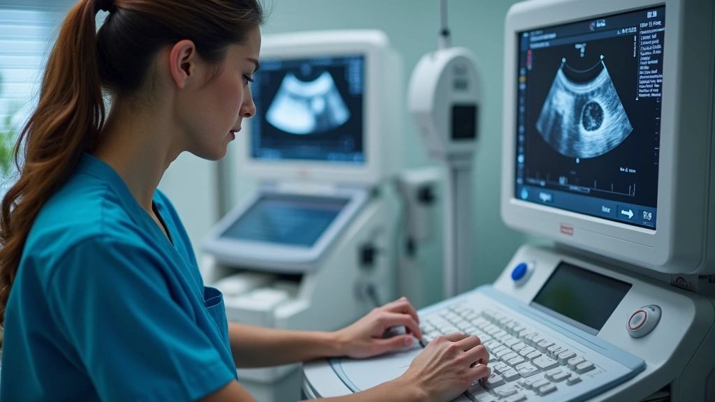 Professional ultrasound technologist operating modern diagnostic imaging equipment in a clinical setting, hands on controls, focused expression, hospital environment, high-resolution medical technology