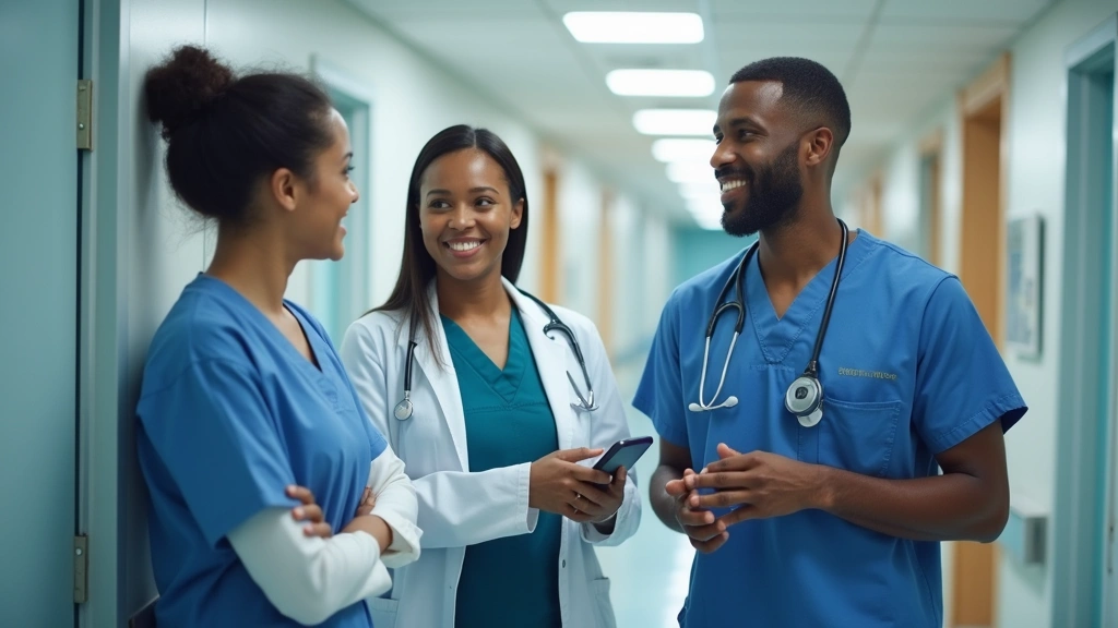 Diverse healthcare professional team in hospital corridor collaborating, modern medical facility background, professional attire, inclusive workplace setting, contemporary healthcare environment