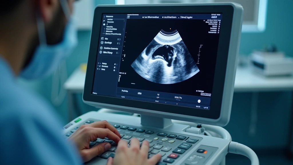 Close-up of ultrasound machine display screen showing diagnostic imaging data, technician's hands adjusting parameters, modern healthcare technology, clinical accuracy demonstration