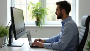 Person sitting at desk with laptop using external monitor at eye level, demonstrating proper ergonomic posture with neutral spine alignment, natural lighting showing correct head position