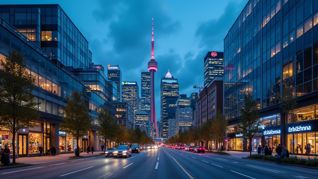 Modern Toronto skyline at dusk with illuminated tech company office buildings and startup logos on storefronts, vibrant urban innovation hub atmosphere