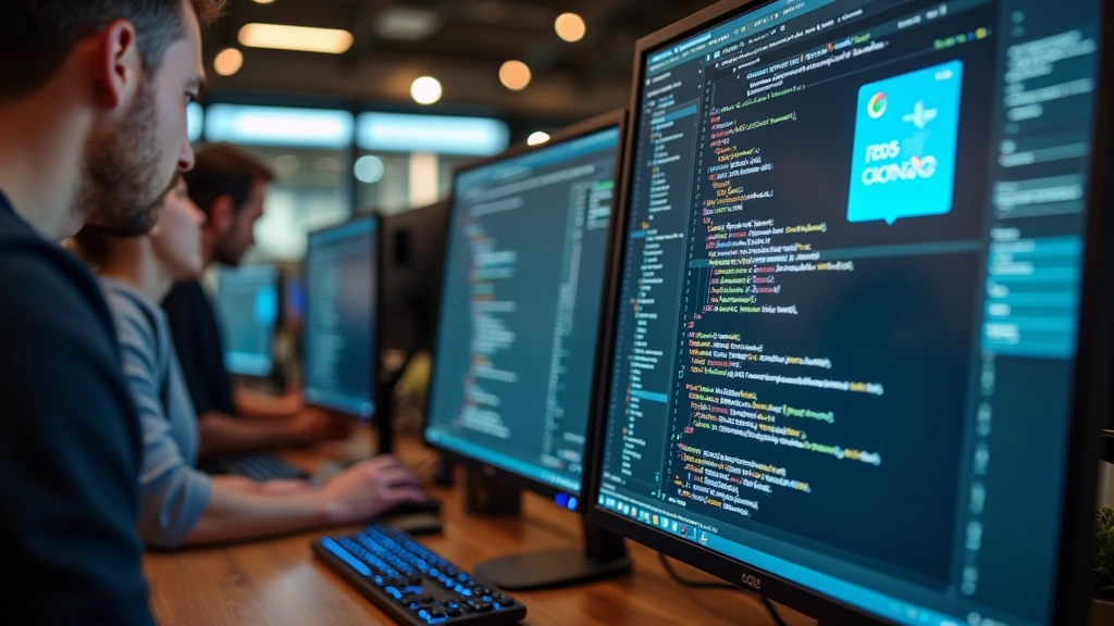 Close-up of diverse software engineers collaborating at standing desks in contemporary startup office, multiple computer monitors displaying code and data visualizations