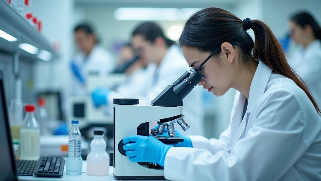 Clean laboratory environment with Canadian biotech researcher examining samples under microscope, advanced medical research equipment visible, professional scientific setting