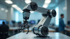 Professional robotic arm with integrated sensors and vision system in educational laboratory setting, metallic finish, precise mechanical components visible