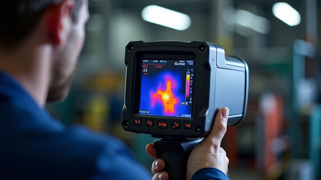 Technician using thermal imaging camera to inspect industrial machinery, displaying heat signature visualization on device screen in workshop environment