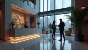 Modern hotel lobby with WiFi 6 router technology visible, sleek minimalist design, professional business travelers checking in with smartphones, contemporary architecture with tech elements