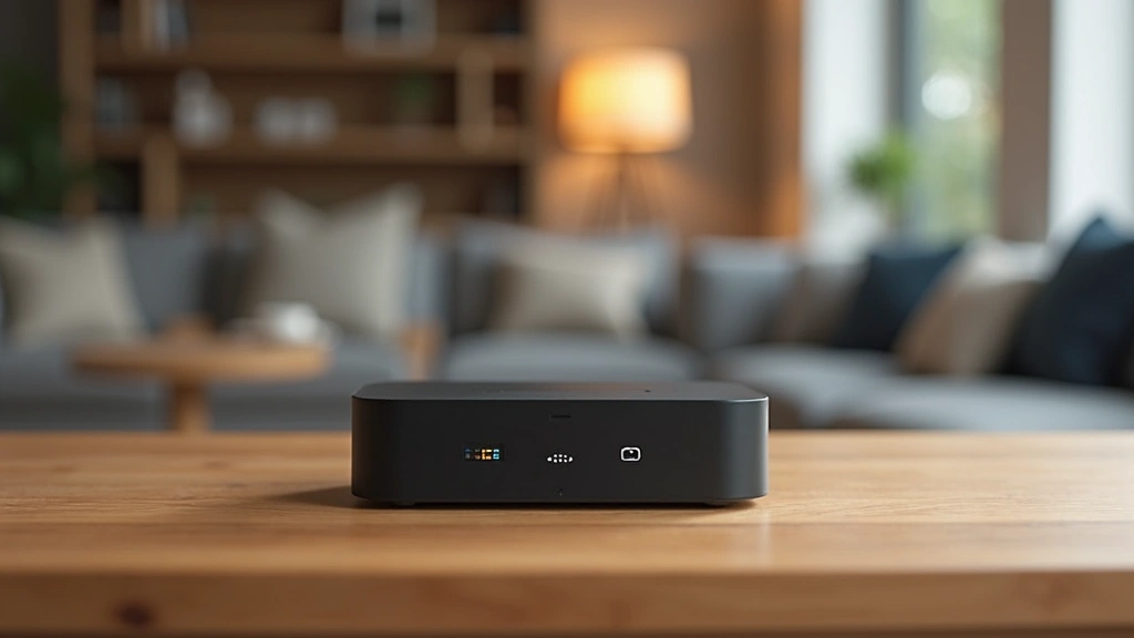 Modern smart home hub device with LED indicators, minimalist design on wooden surface with blurred home interior background, professional product photography