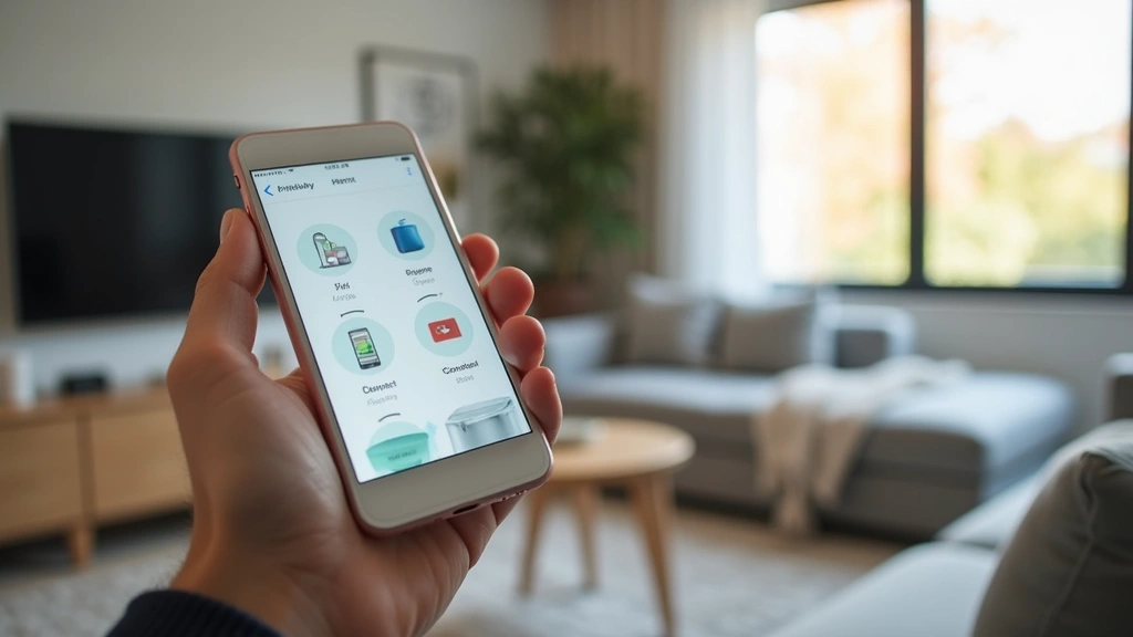 Hands holding smartphone displaying smart home control app interface with device icons and automation settings visible on screen in modern living room