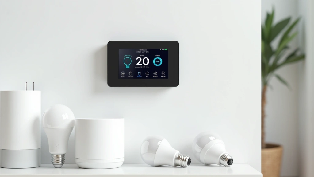 Wall-mounted smart thermostat display showing temperature controls with connected lightbulbs and smart devices arranged around it on white wall, clean aesthetic