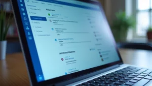 Close-up of laptop screen displaying Canvas learning management system dashboard with course cards and upcoming assignments visible, blue and white interface design, realistic lighting