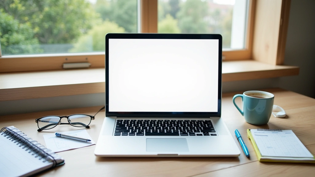 Flat lay of student workspace showing laptop with Canvas open, notebook, pen, coffee cup, and calendar visible, natural daylight from window, organized desk setup