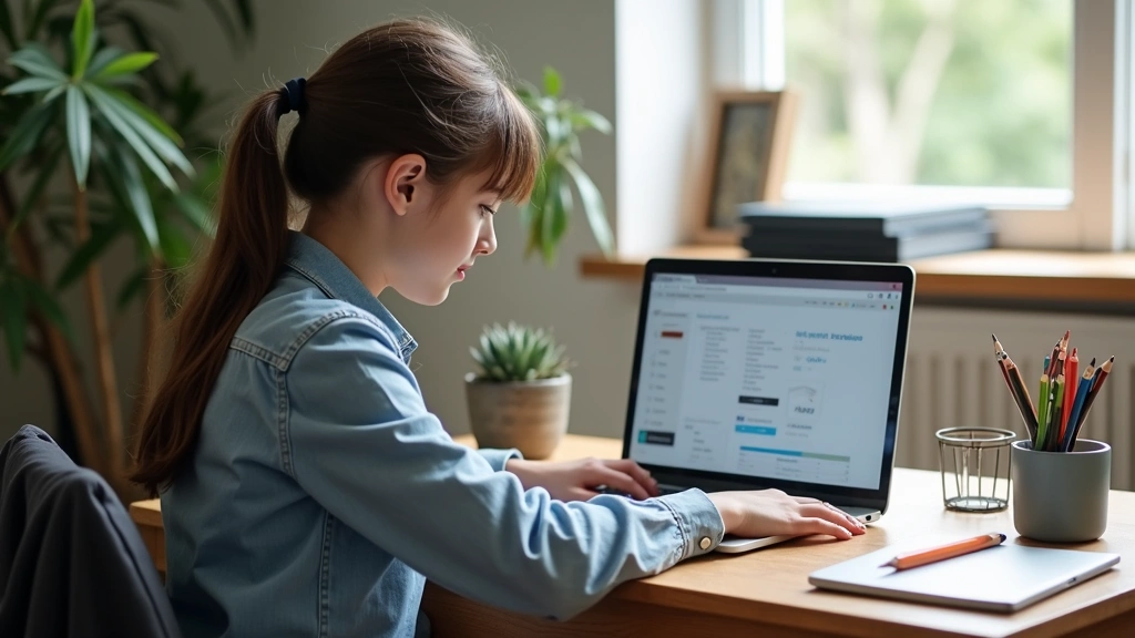 Student sitting at desk working on laptop showing Canvas gradebook with performance charts and grade percentages, focused expression, modern study environment with minimalist decor