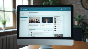 Close-up of computer monitor displaying Canvas learning management system dashboard with course tiles, navigation menu, and student announcement feed visible, professional office setting with desk