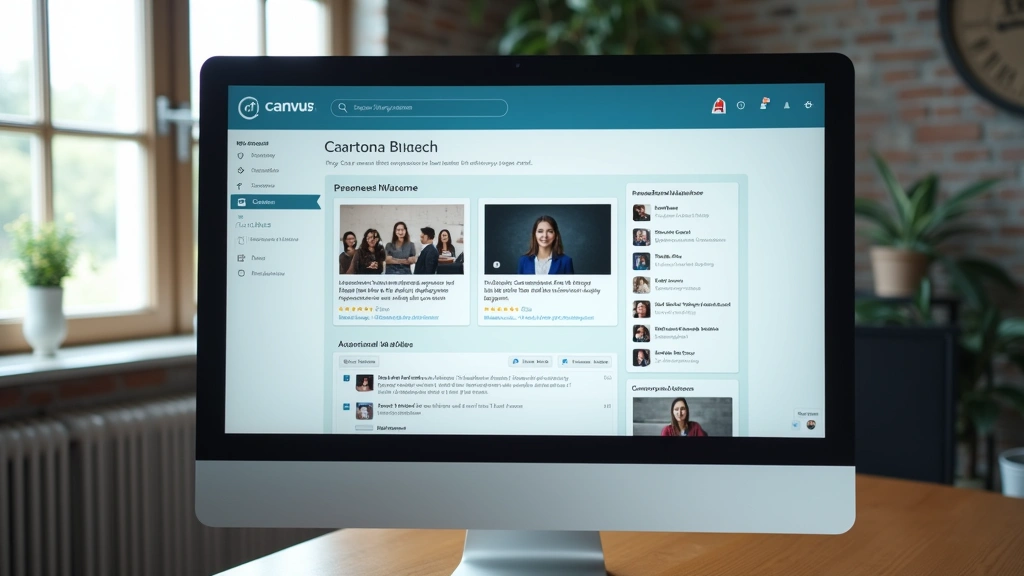 Close-up of computer monitor displaying Canvas learning management system dashboard with course tiles, navigation menu, and student announcement feed visible, professional office setting with desk