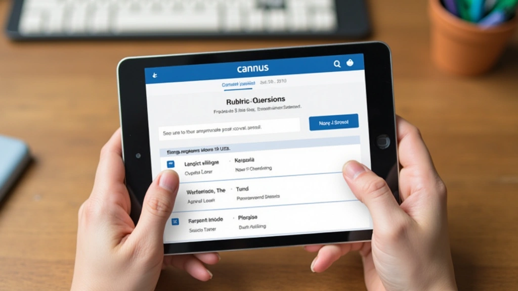Tablet displaying Canvas mobile app interface showing assignment submission screen with file upload button, rubric criteria, and due date information, held in hands over wooden desk