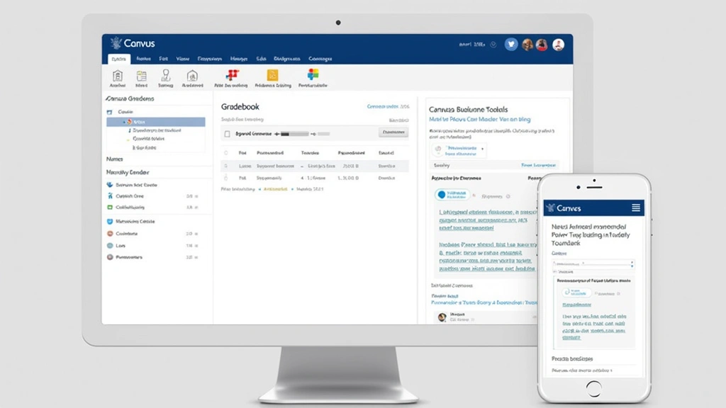 Split-screen showing Canvas Ivy Tech desktop version on left with gradebook and SpeedGrader tool, and mobile phone on right displaying same course content, both devices showing clear readable interfaces